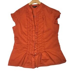 Banana Republic Petite PM Orange Pintuck Pleated Cap Sleeve Cotton Blouse